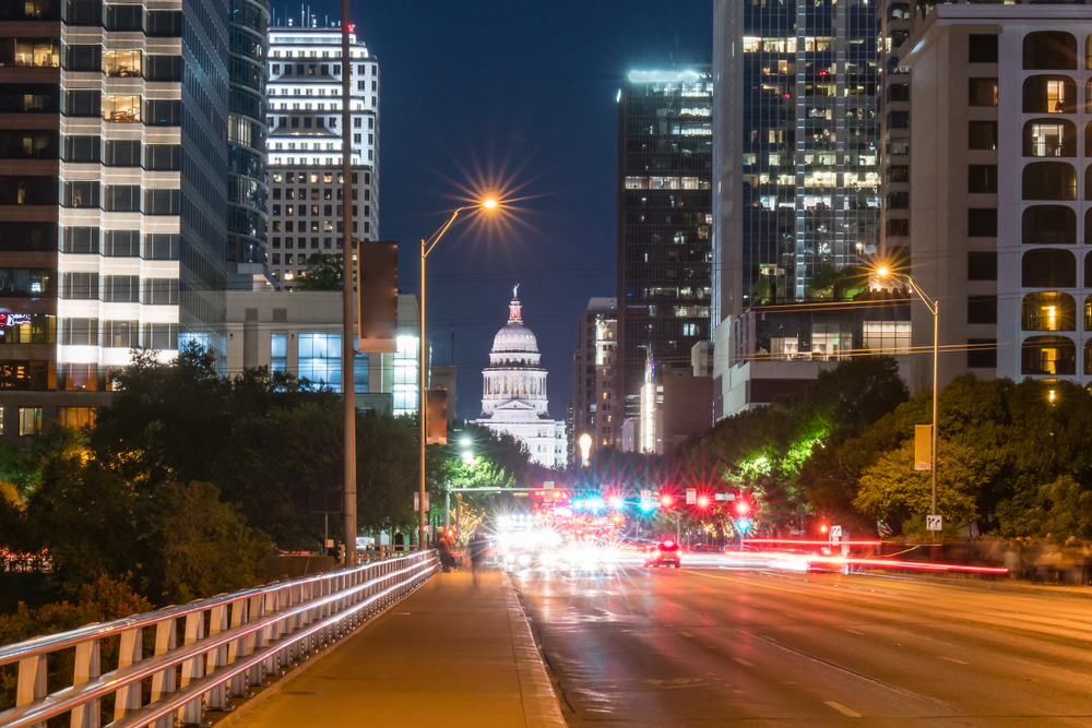 Austin,,Texas,Capitol,Building,From,The,Congress,Avenue,Bridge,At