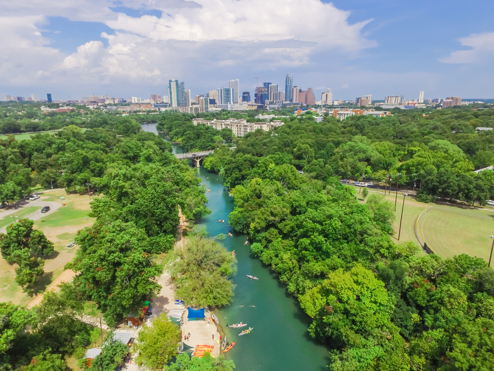 Aerial,View,Downtown,From,Barton,Creek,In,Greenbelt,At,Zilker