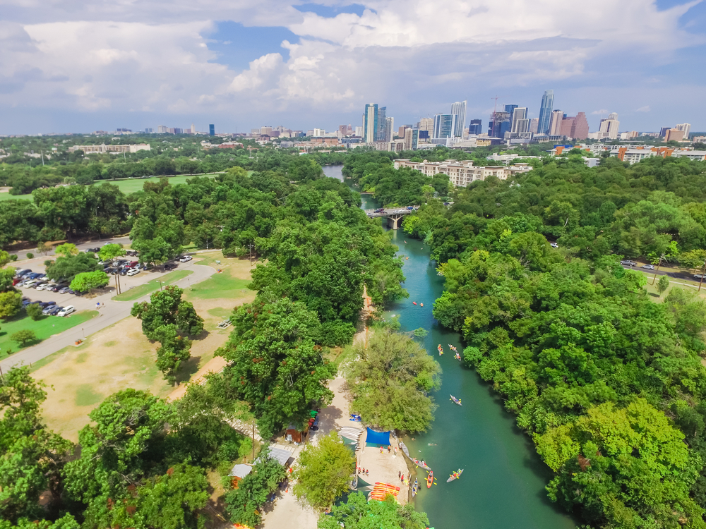 Aerial,View,Downtown,From,Barton,Creek,In,Greenbelt,At,Zilker