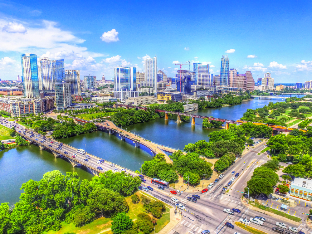 Austin,Texas,Skyline,Cityscape,Bridges,Over,Ladybird,Lake,Aerial,View