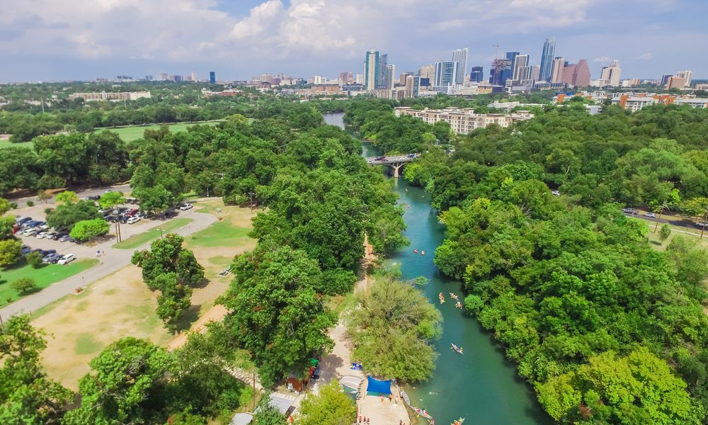 Aerial,View,Downtown,From,Barton,Creek,In,Greenbelt,At,Zilker